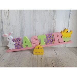Wooden seesaw easter rabbit chick pastel tabletop home decor bunny